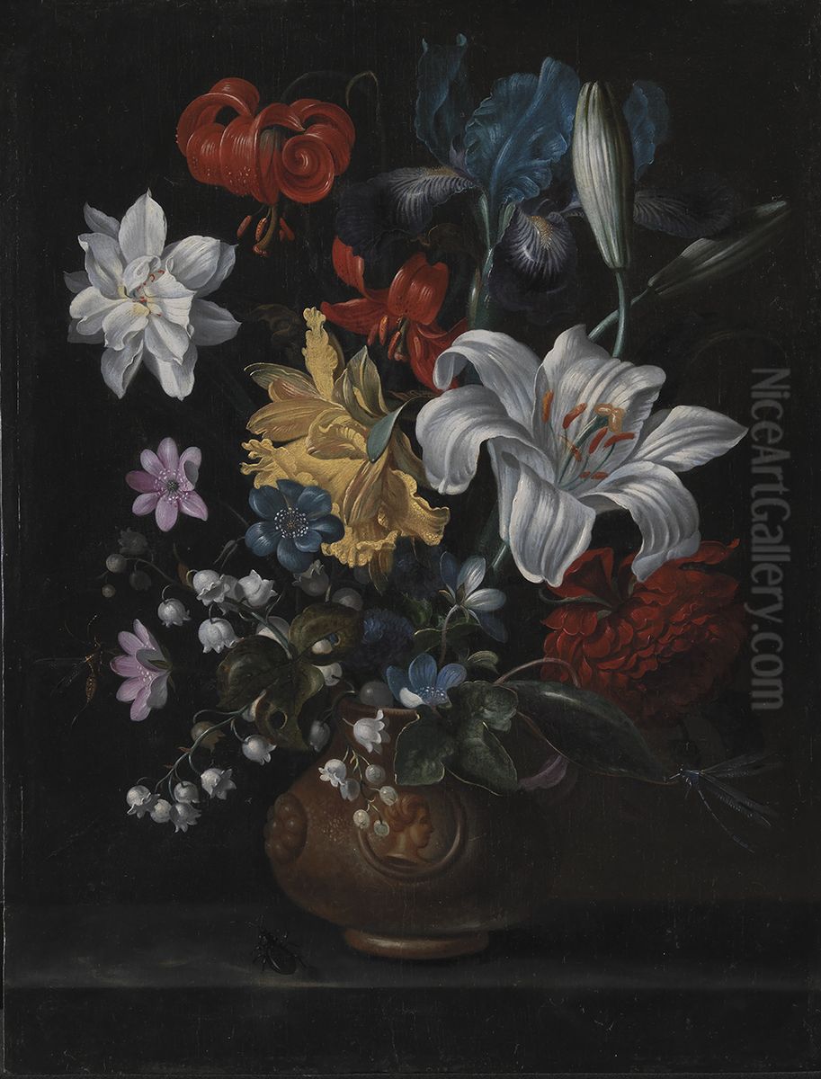 En stentojskrukke med blomster Oil Painting by Jacob Marrel