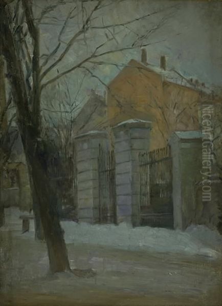 The Gate of Assistens Cemetry in Copenhagen. Winter Oil Painting by Albert Gottschalk