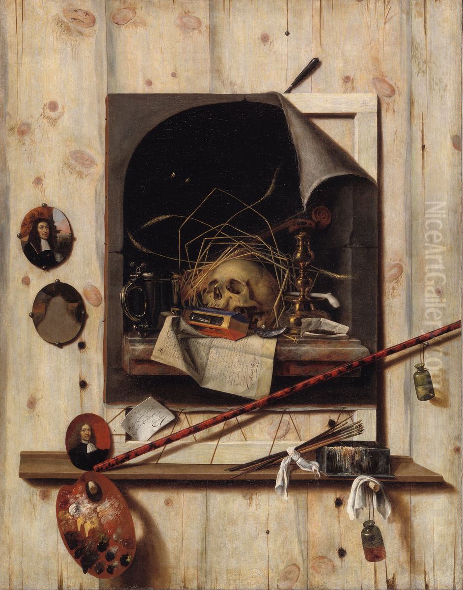Trompe l'oeil with Studio Wall and Vanitas Still Life Oil Painting by Cornelis Norbertus Gijsbrechts