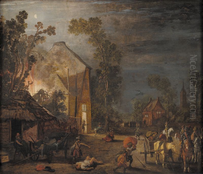 En landsby plyndres om natten Oil Painting by Esaias Van De Velde