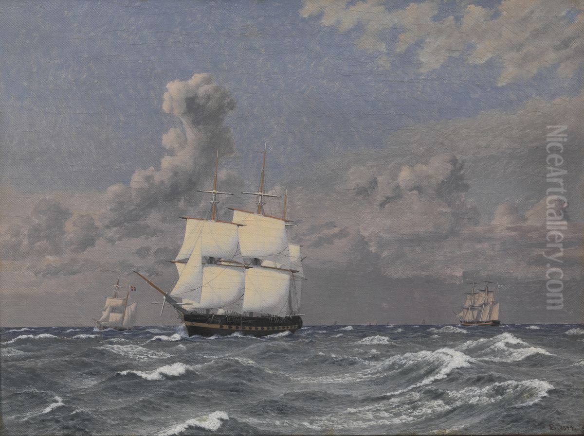A Frigate and some other Ships Cruising Oil Painting by Christoffer Wilhelm Eckersberg
