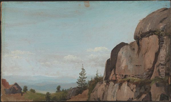 Norsk landskab med klippeparti i forgrunden Oil Painting by Martinus Rorbye