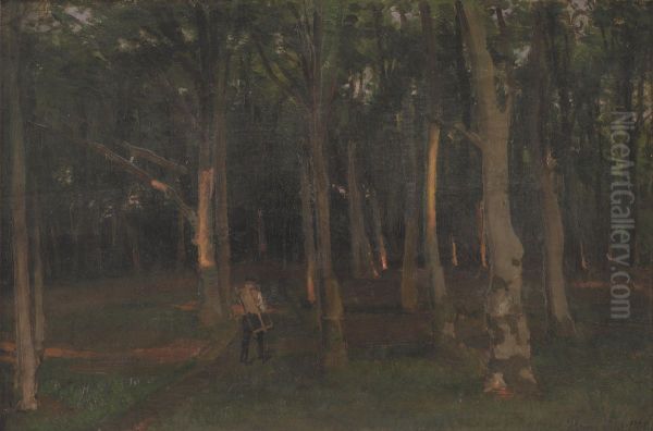 Skov ved solnedgang Oil Painting by Hans Smidth