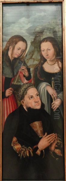 Kurfyrst Frederik den Vise af Sachsen (1463-1525) med helgeninderne Ursula (tv.) og Genoveva (th.) Oil Painting by Lucas Cranach the Elder