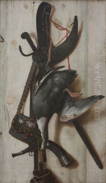 Trompe l'Oeil with Dead Duck and Hunting Implements Oil Painting by Cornelis Norbertus Gijsbrechts