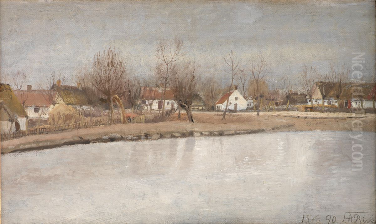 Painting of the village pond in the village of Ring, Naestved Municipality Oil Painting by Laurits Andersen Ring