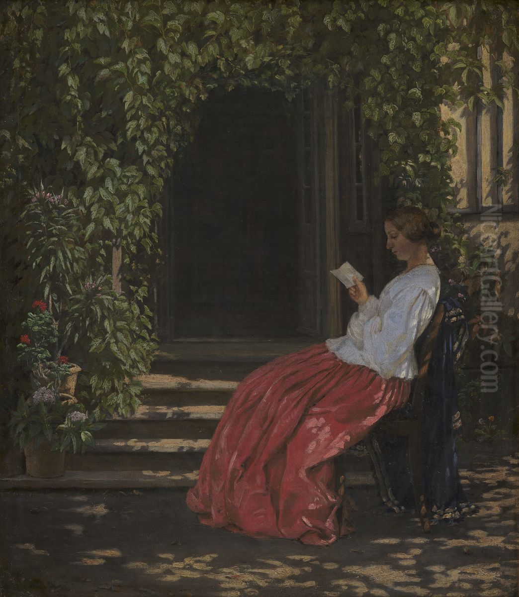 Laesende dame uden for en havedor Oil Painting by Vilhelm Kyhn