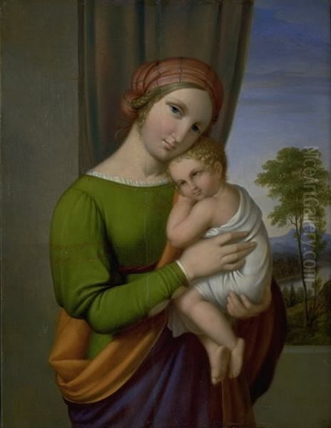 Jomfru Maria med Jesusbarnet Oil Painting by Johan Ludwig Lund