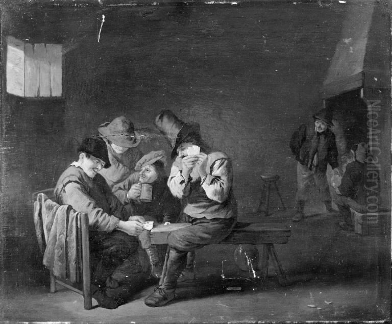 Card Players Oil Painting by August Querfurt