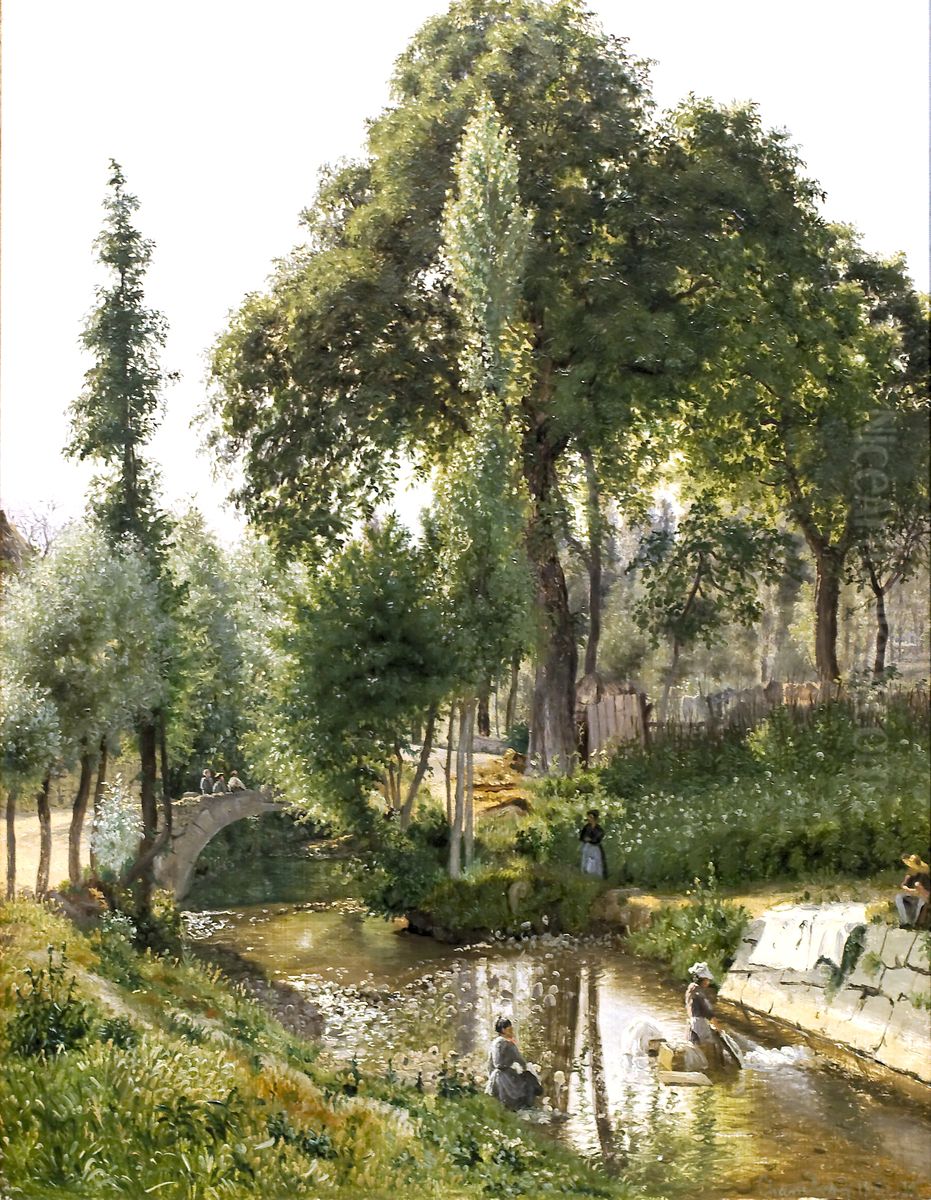 Landscape from the Savoy with women who wash in the river Oil Painting by Vilhelm Kyhn
