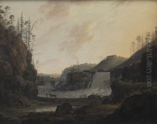 River Landscape with a Waterfall near Bogstad in Norway Oil Painting by Eric Paulsen