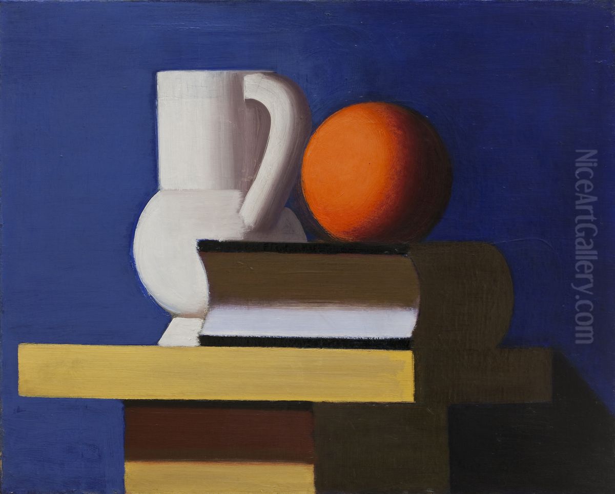 Opstilling med hvid kande, appelsin og bog Oil Painting by Vilhelm Lundstrom