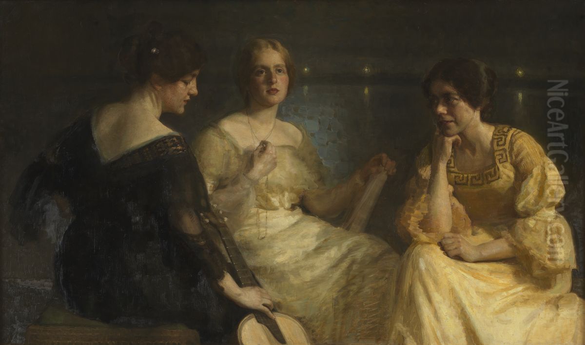 Karen Bramsen; kunstnerens hustru Esther, f. Lange; Johanne Munch-Petersen Oil Painting by Julius Paulsen