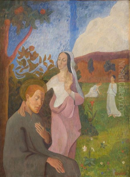 Dekorativt billede. Den hellige Frans' vision med de tre hvide jomfruer Oil Painting by Gad Frederik Clement