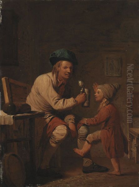 A Peasant Giving his Son Something to Drink Oil Painting by Peter Cramer
