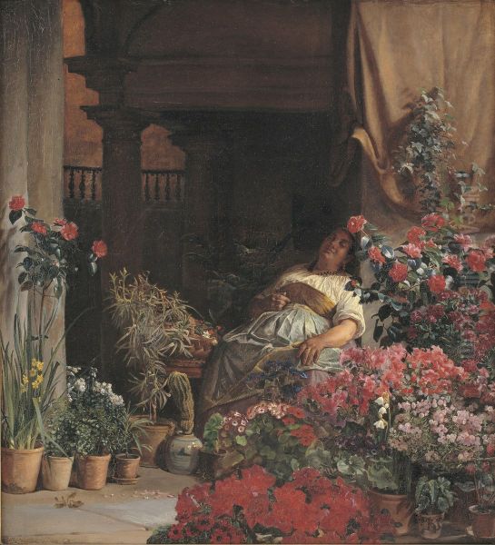 En blomstersaelgerske fra Firenze Oil Painting by Kristian Zahrtmann