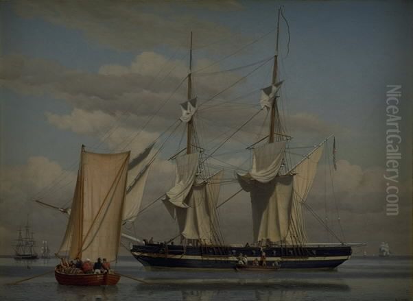 En amerikansk orlogsbrig, der ligger for anker, mens sejlene torres Oil Painting by Christoffer Wilhelm Eckersberg En amerikansk orlogsbrig, der ligger for anker, mens sejlene torres Oil Painting by Christoffer Wilhelm Eckersberg