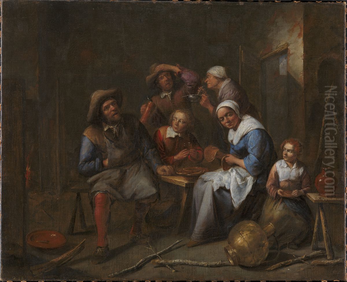 Et interior med handvaerkere og bonder der spiser og drikker Oil Painting by Gillis van Tilborgh