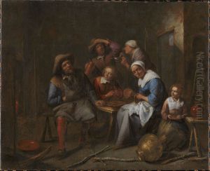 Et interior med handvaerkere og bonder der spiser og drikker