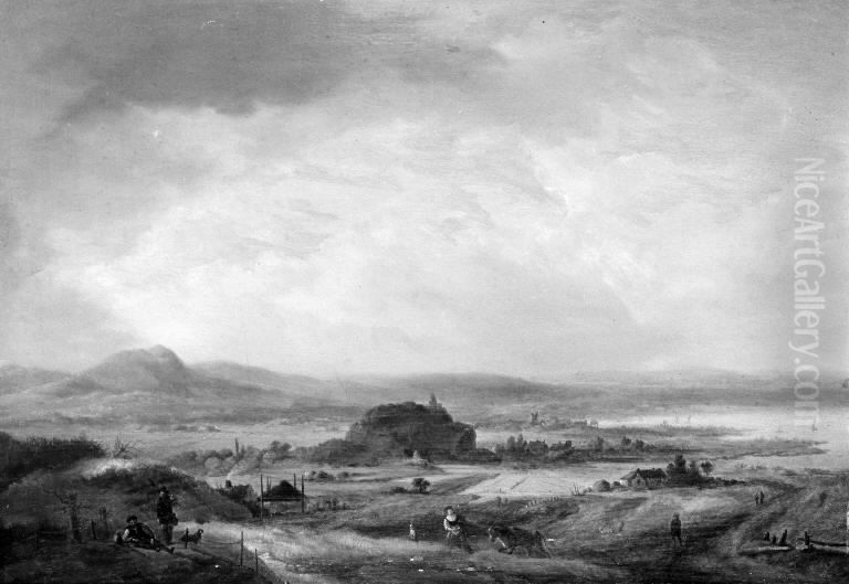 Bakket landskab med bonderhuse. I baggrunden en so Oil Painting by Johann Salomon Wahl