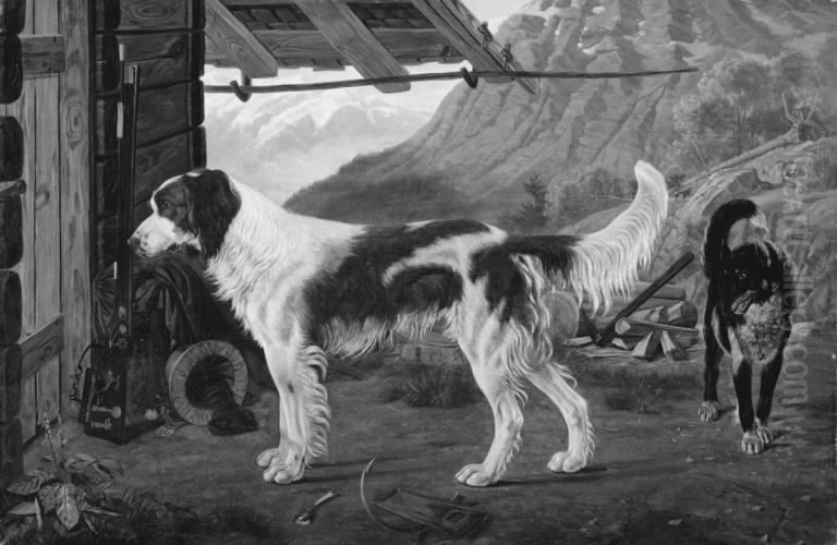 To hunde i et bjerglandskab Oil Painting by Christian Frederik Carl Holm