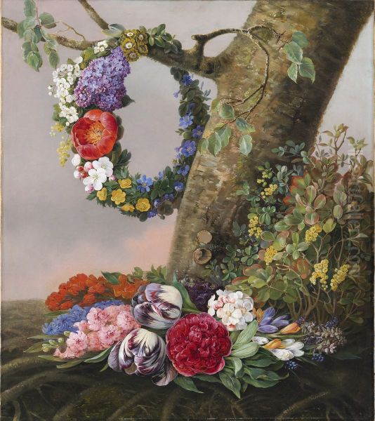 A bouquet of flowers at the foot of a tree. At a branch hangs a garland Oil Painting by Christine Lovmand