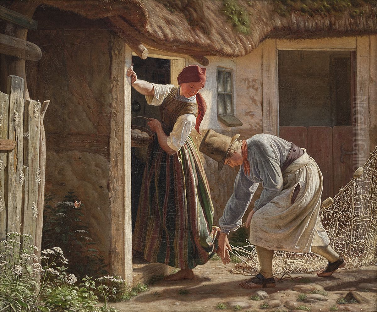 Pigen, der fanges i nettet Oil Painting by Christen Dalsgaard