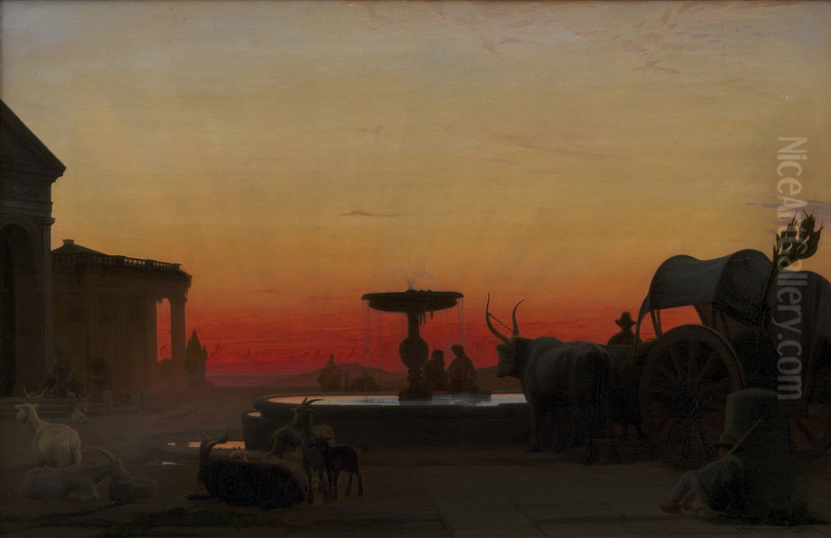 A Square in Ariccia, Italy. After Sunset Oil Painting by Hans Jorgen Hammer