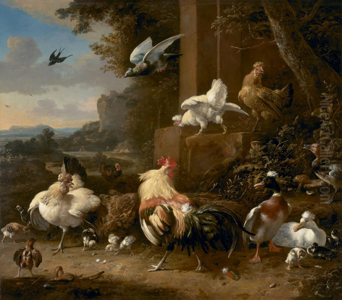 The poultry yard Oil Painting by Melchior D'Hondecoeter