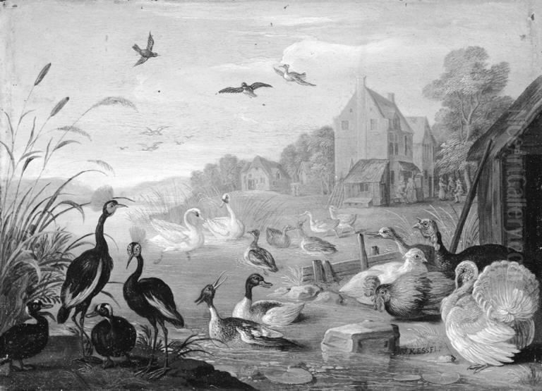A River Landscape with Turkeys and Poultry Oil Painting by Jan van Kessel the Elder A River Landscape with Turkeys and Poultry Oil Painting by Jan van Kessel the Elder