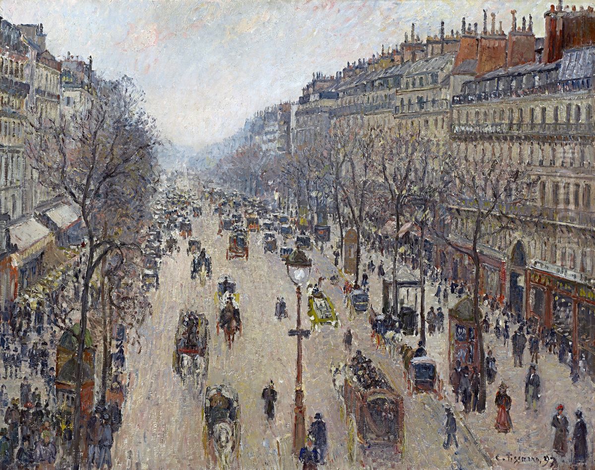 Boulevard Montmartre, Morning, Cloudy Weather Oil Painting by Camille Pissarro
