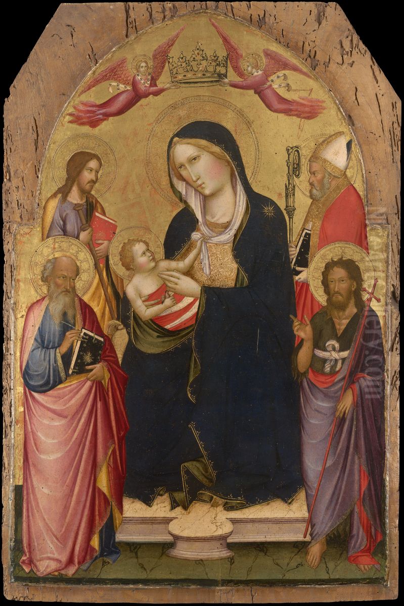 Madonna and Child with St John the Evangelist, St John the Baptist, St James of Compostela and St Nicholas of Bari Oil Painting by Agnolo Gaddi
