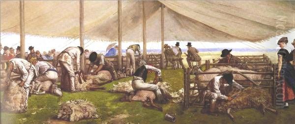 A Sheep-Shearing Match. Oil Painting by Eyre Crowe