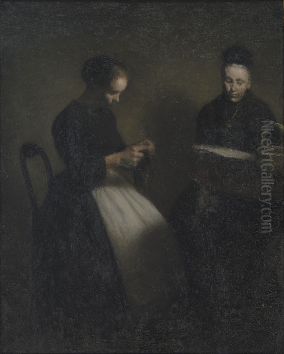 Evening in the Drawing Room. The Artist's Mother and Wife Oil Painting by Vilhelm Hammershoi