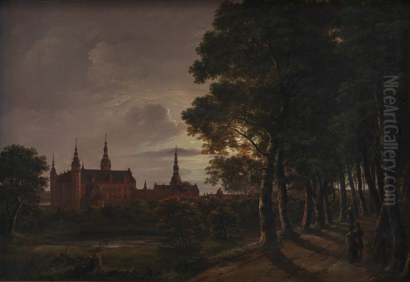 Frederiksborg Castle by Moonlight Oil Painting by Johan Wilhelm Ludwig Dahl