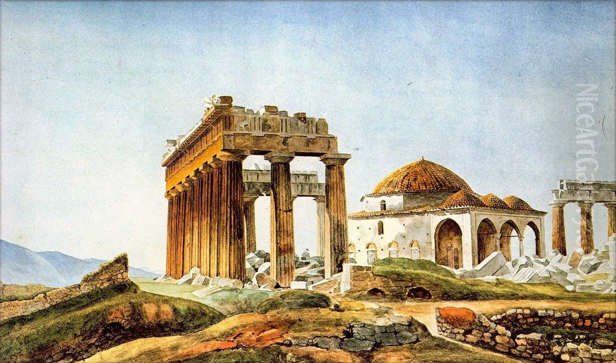 The Ottoman mosque built in the ruins of the Parthenon after 1715 Oil Painting by Pierre Peytier