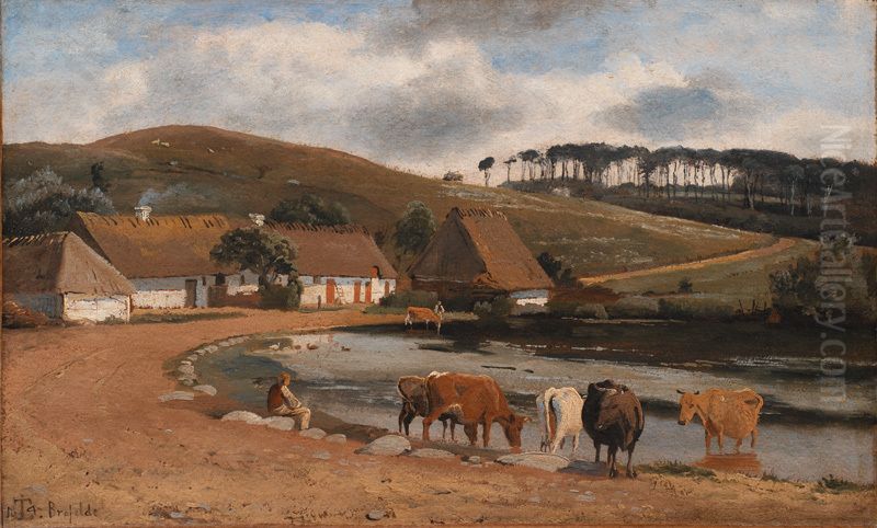 Cows being Watered at a Village Pond. Brofelde, Zealand Oil Painting by Johan Lundbye