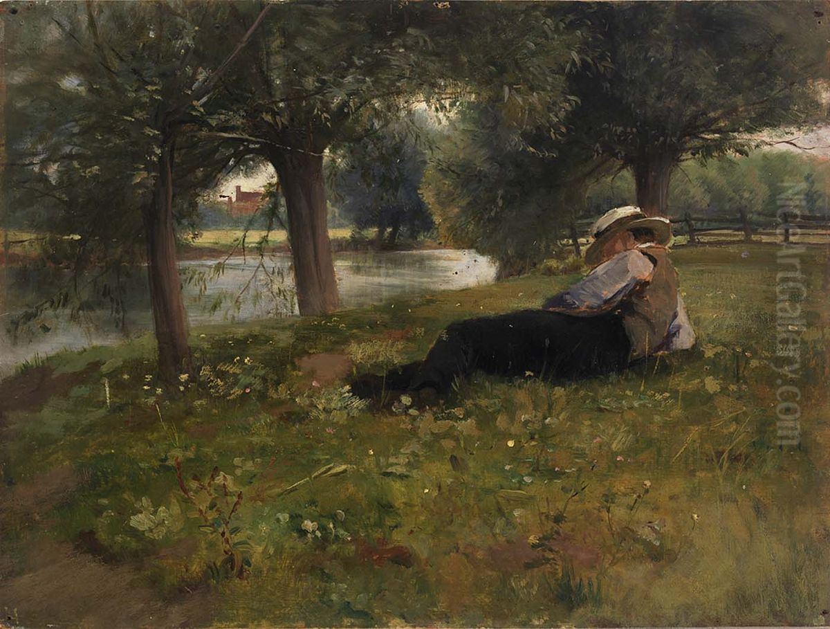 Man Reclining beside a Stream Oil Painting by Eliphalet Andrews