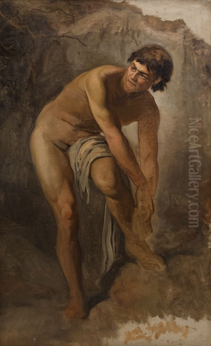 Ung italiensk mandsfigur i klippelandskab Oil Painting by Ludvig Abelin Schou