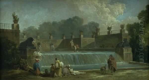 A Fountain with Washerwomen Oil Painting by Hubert Robert