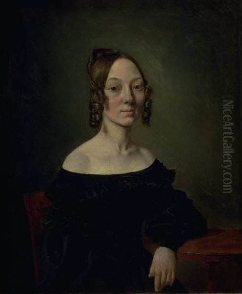Portrait of a girl in a black dress sitting at table Oil Painting by Wilhelm Bendz
