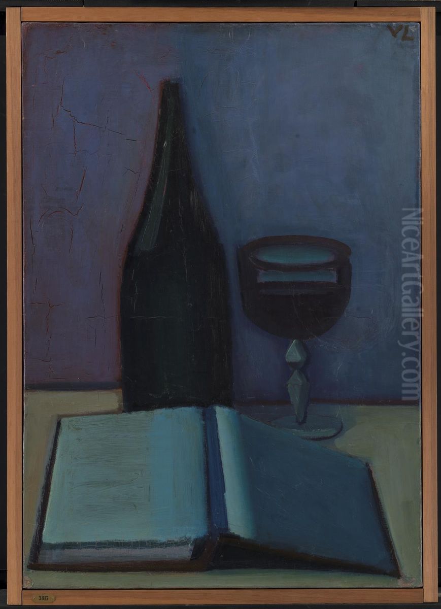 Opstilling med bog, glas og flaske Oil Painting by Vilhelm Lundstrom