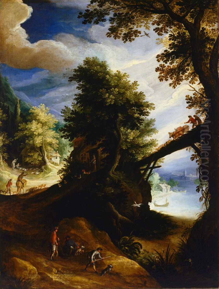 A Wooded Landscape with a Bridge and Sportsmen at the Edge of the River Oil Painting by Paul Bril