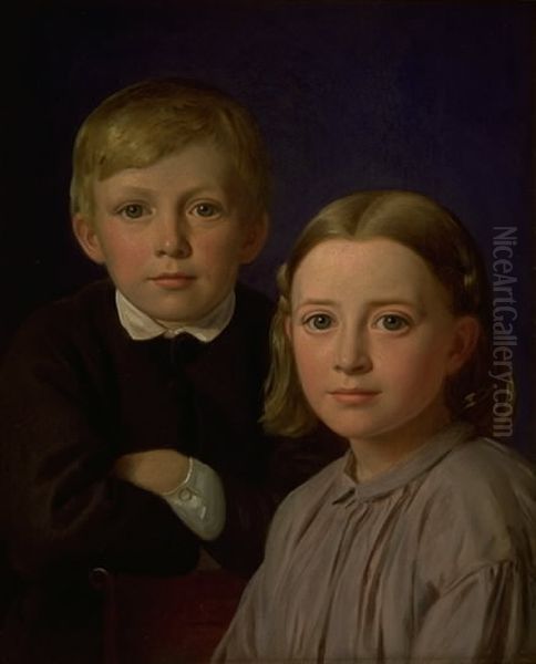 Jens Simmelkaer Asmussen og Katrine Asmussen som born Oil Painting by Constantin Hansen