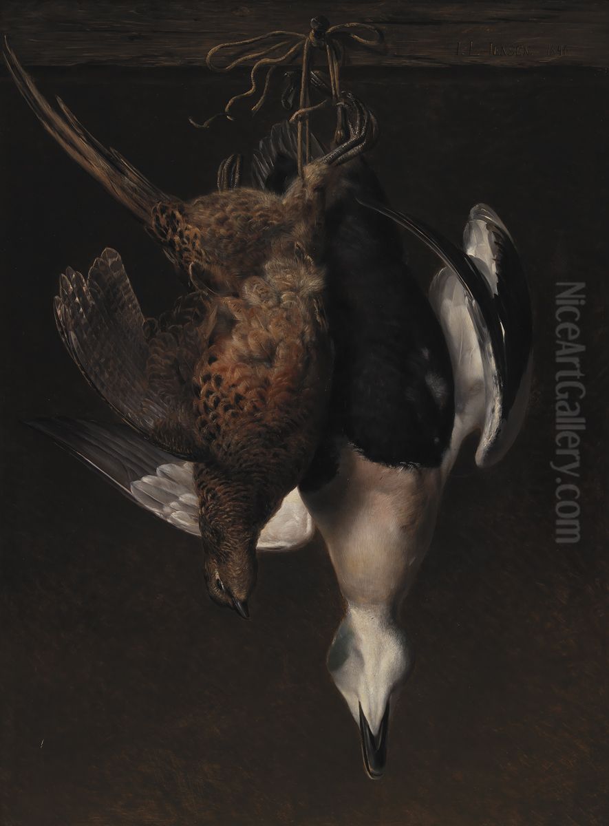 Game. A Pheasant and an Eider Oil Painting by Johan Laurentz Jensen