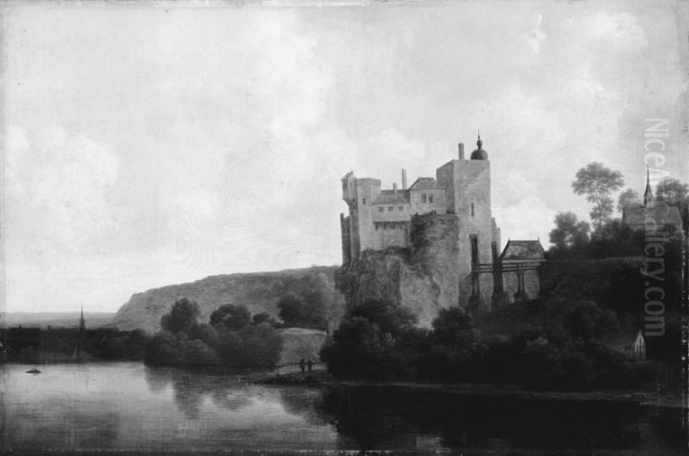 Castle by a River Oil Painting by Joris van der Haagen or Hagen