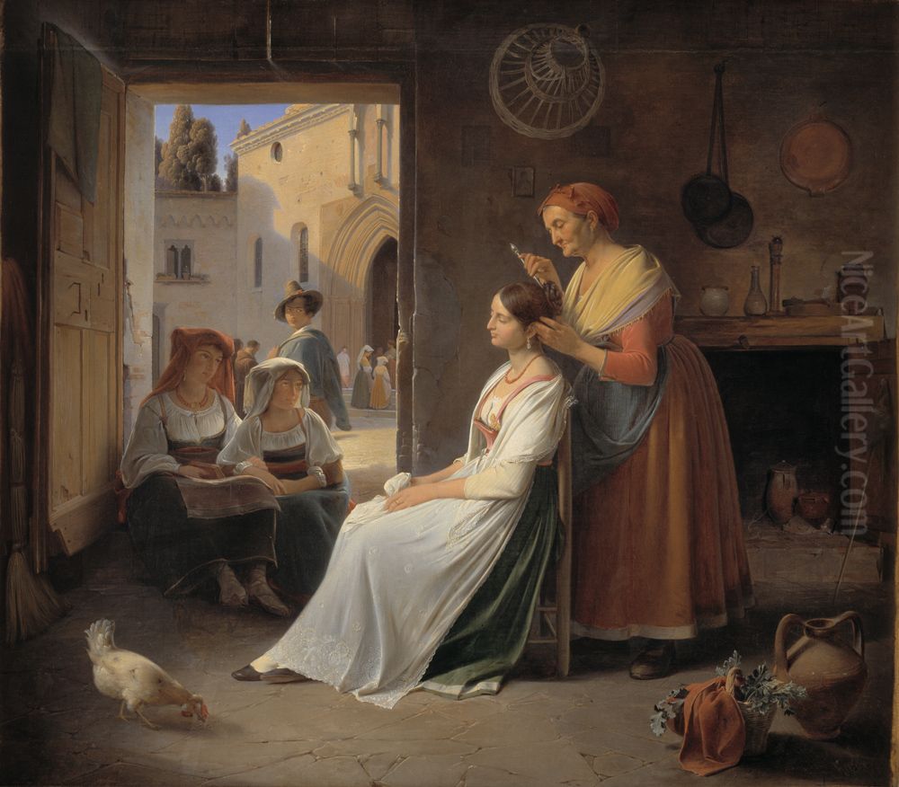 A Young Italian Woman being  Adorned by her Mother Oil Painting by Albert Kuchler
