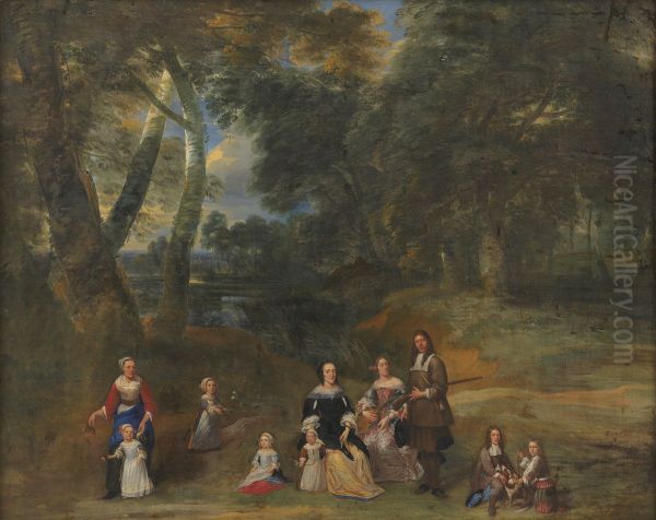 Family Group in a Landscape Oil Painting by Gillis van Tilborgh