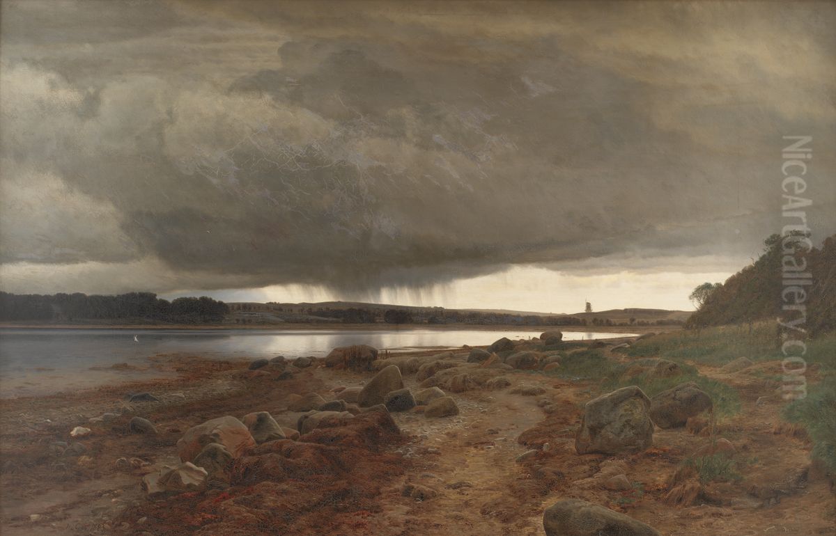 A Showery Landscape. Kalvo Vig, Jutland Oil Painting by Janus Andreas Bartholin La Cour