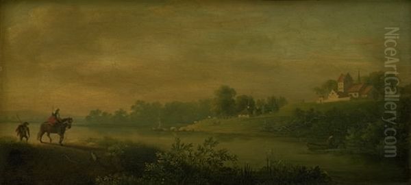 Et vadested ved foden af en kirke Oil Painting by Jens Juel